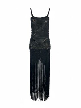 New LA Class Black Crochet Knit Fringe Maxi Cover Up Womens size Large